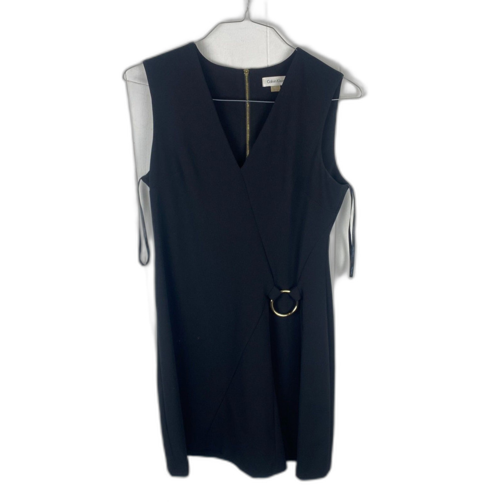 Calvin Klein Black Faux Wrap Dress Size 10 Sleeveless V-Neck Mini Dress Gold